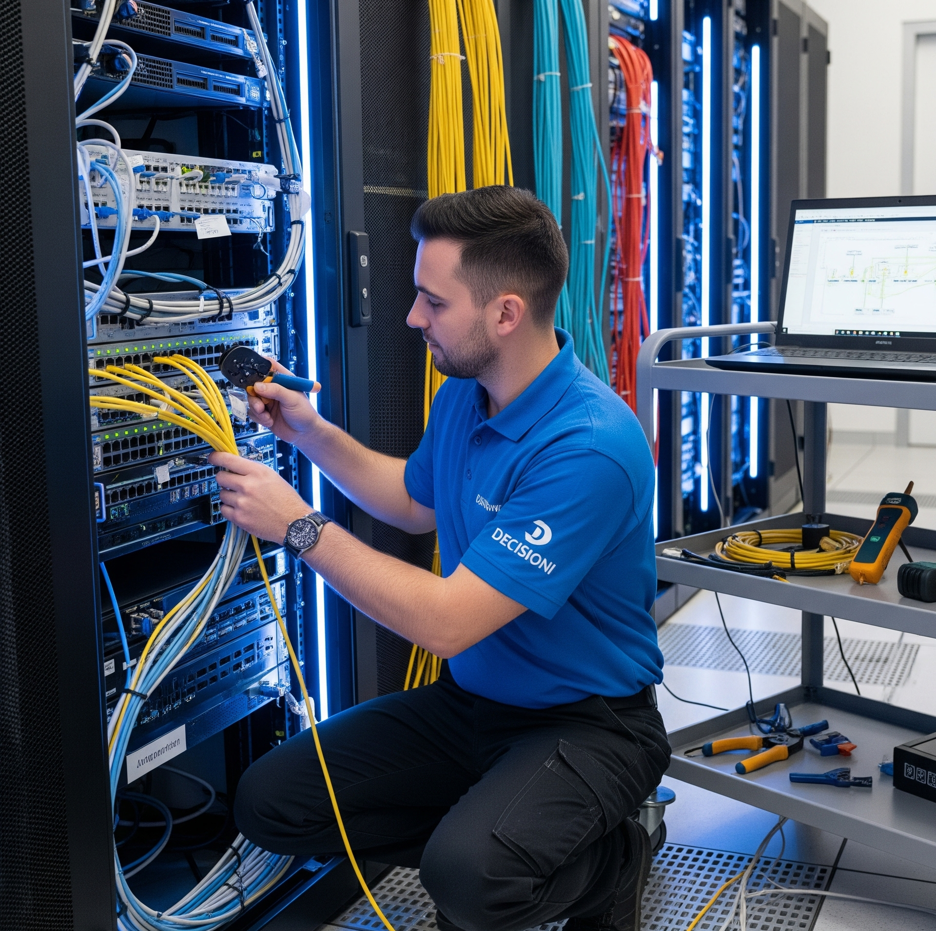 Técnicos passando o cabeamento estruturado através de um piso elevado em um CPD em construção.