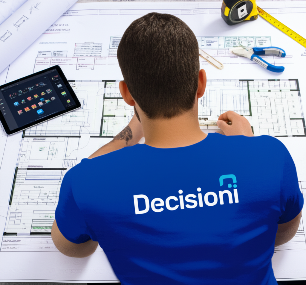 Especialista da Decisioni analisando a planta de um escritório para o projeto de rede.