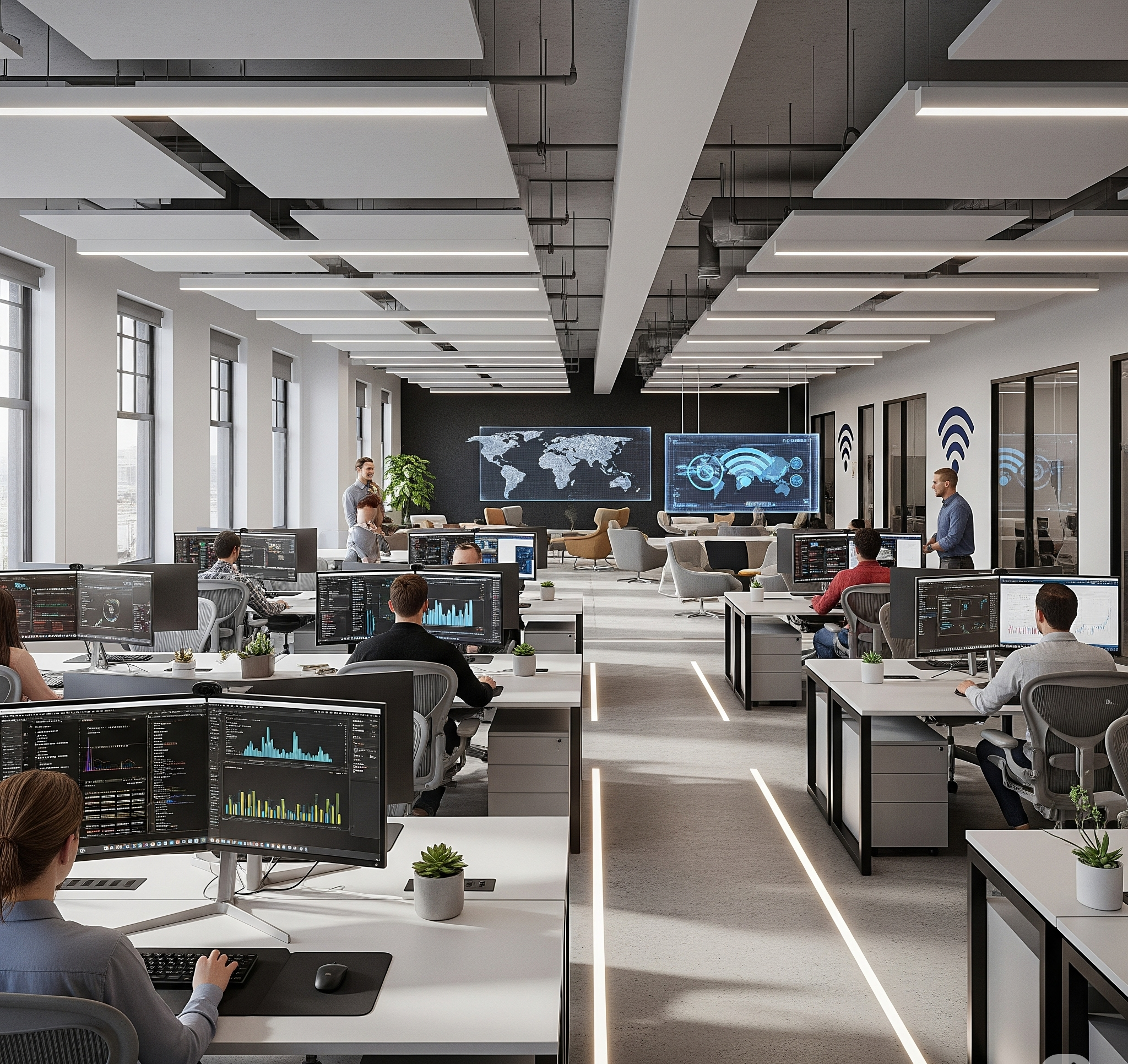 Visão final de um escritório corporativo moderno e funcional, com a infraestrutura de TI em plena operação.