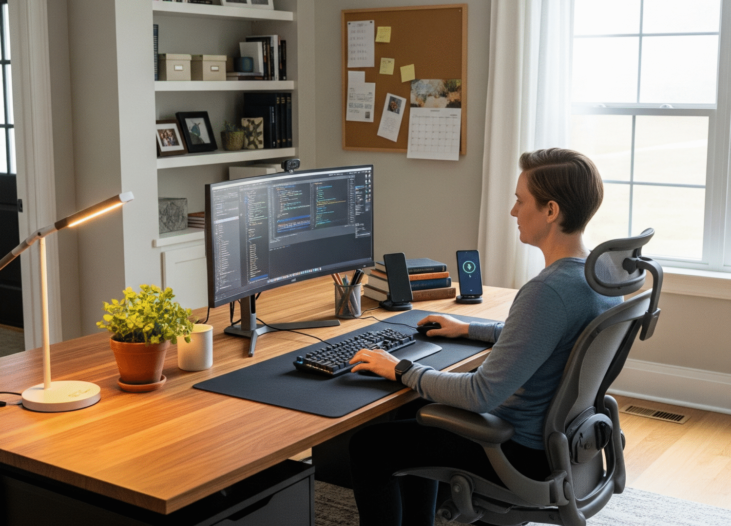 Foto de um escritório moderno e dinâmico, com estações de trabalho colaborativas.